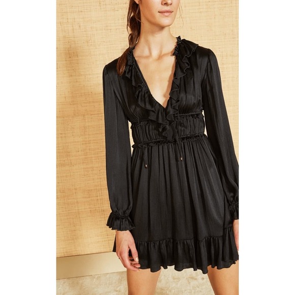 NEW Ulla Johnson Callista Silk Mini Dress Size 4 Black Long Sleeve Ruffle NWT - Picture 2 of 14